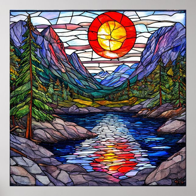 Mountain scene with a lake and trees poster (Front)