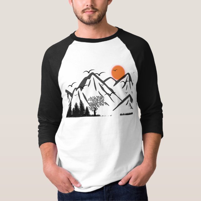 Mountain Silhouette with Flying Birds T-Shirt (Front)