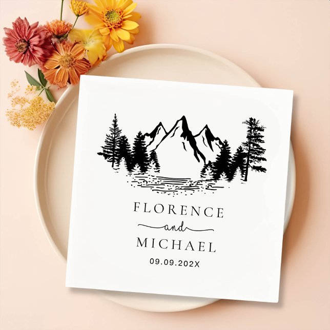 Mountain Sketch Personalised Wedding Napkin (Creator Uploaded)