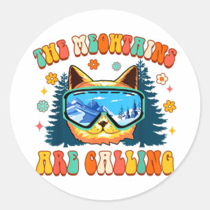 Mountain skiing lover snowboard the meowtains are classic round sticker
