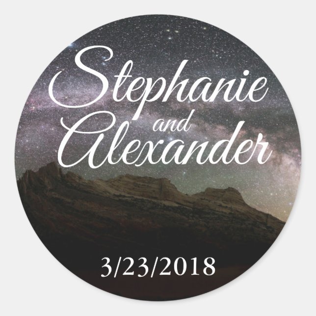 Mountain Sky Wedding Date Classic Round Sticker (Front)