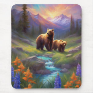 Mountain Stream Bear Wildflowers Sunrise Painting Mouse Pad