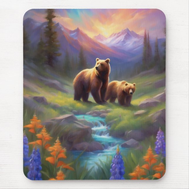 Mountain Stream Bear Wildflowers Sunrise Painting Mouse Pad (Front)