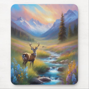 Mountain Stream Deer  Wildflowers Sunrise Painting Mouse Pad
