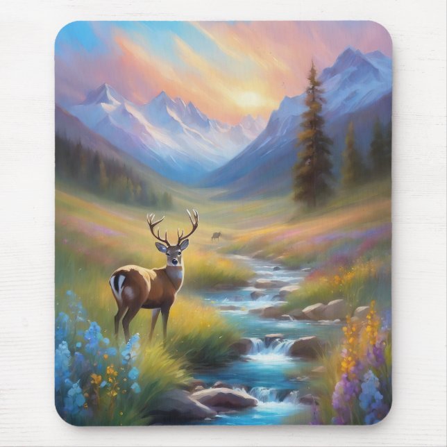 Mountain Stream Deer  Wildflowers Sunrise Painting Mouse Pad (Front)