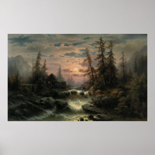 Mountain Stream in the Moonlight – Albert Rieger Poster