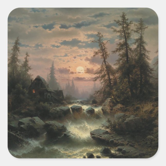 Mountain Stream in the Moonlight – Albert Rieger Square Sticker (Front)