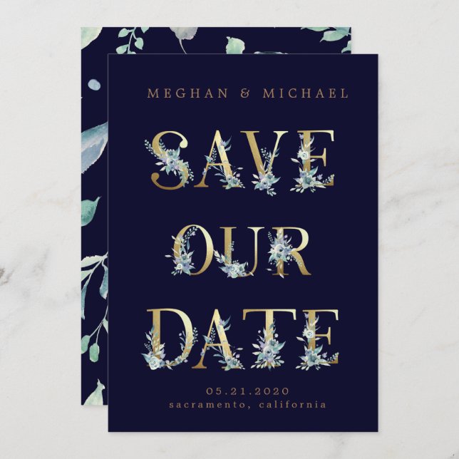 mountain summer floral gold letters Save the Date Invitation (Front/Back)