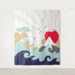 mountain sun japanese illustration tapestry