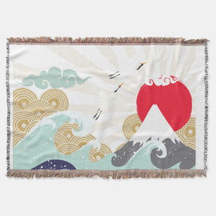 mountain sun japanese illustration throw blanket