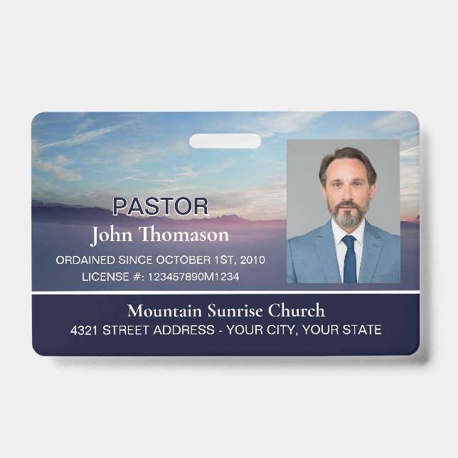 Mountain Sunrise Blue Church Membership Clergy ID Badge (Front)