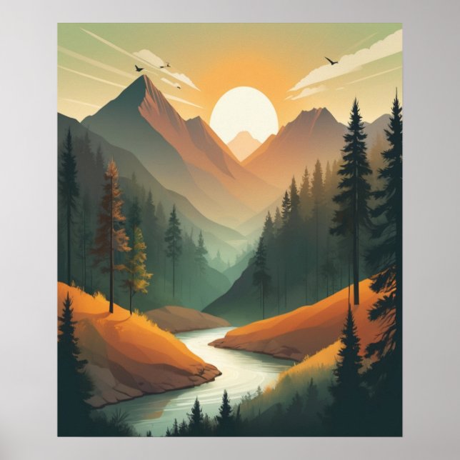 Mountain Sunrise Illustration: Detailed Landscape Poster (Front)