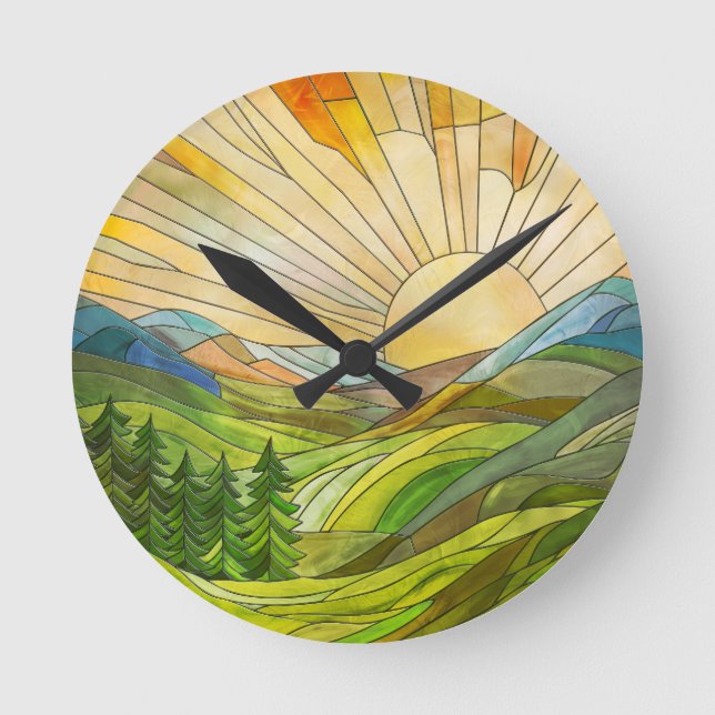 Mountain Sunrise Mosaic Digital Art Round Clock (Front)