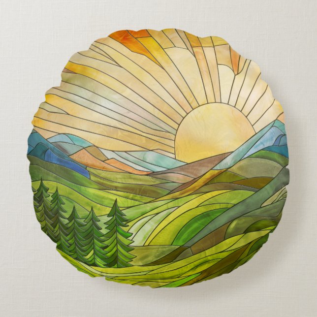 Mountain Sunrise Mosaic Digital Art Round Cushion (Front)