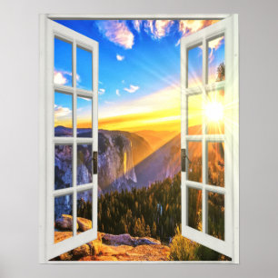 Mountain Sunrise View Trompe l'oeil Faux Window Poster