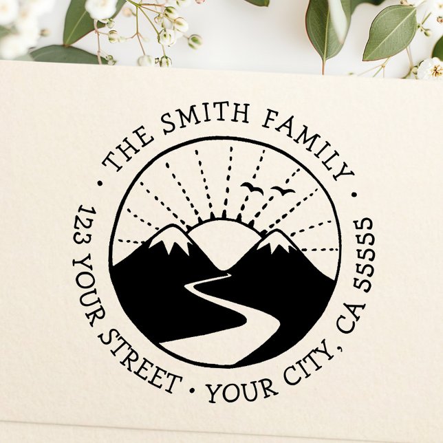 Mountain sunrise whimsical font return address self-inking stamp (Mountain sunrise whimsical font return address self-inking stamp)