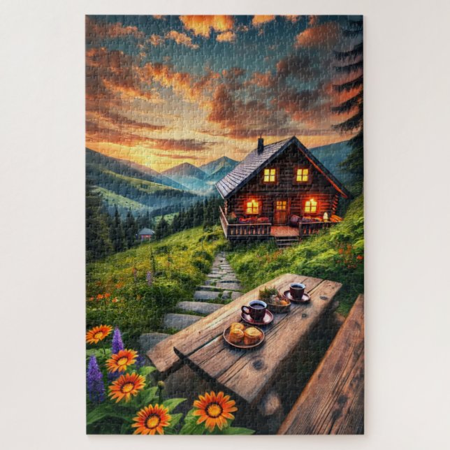 Mountain Sunset Cabin Serenity Puzzle (Vertical)