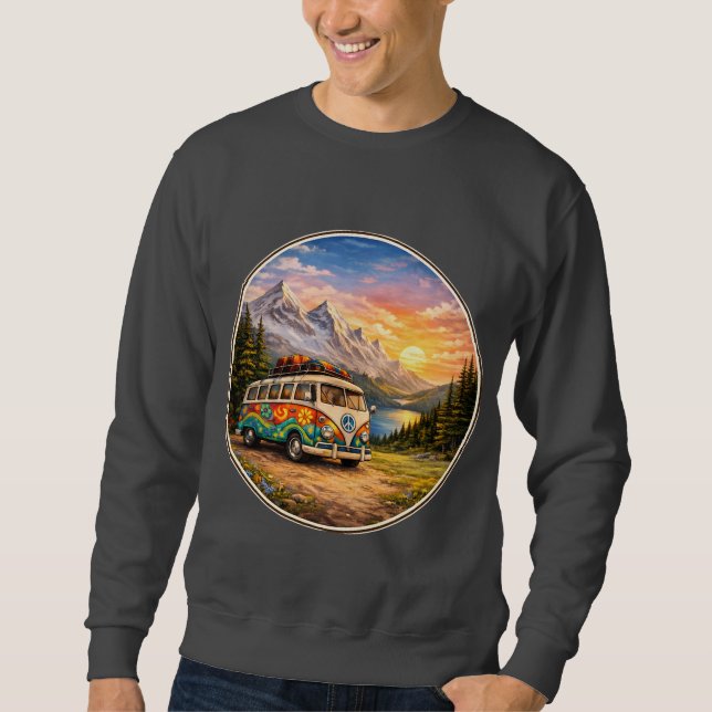 Mountain Sunset Lake Scene | Retro Hippie Van Life Sweatshirt (Front)