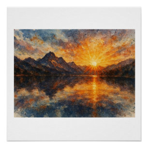Mountain Sunset Over Lake, Poster