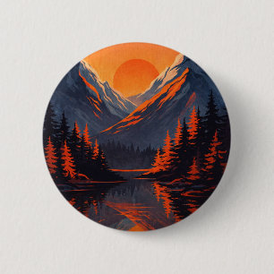 Mountain Sunset Reflection Fiery Orange Sky 6 Cm Round Badge