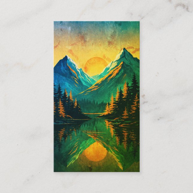 Mountain Sunset Reflection Fiery Orange Sky  Business Card (Front)