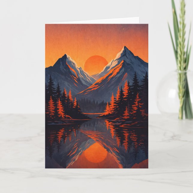 Mountain Sunset Reflection Fiery Orange Sky  Card (Front)