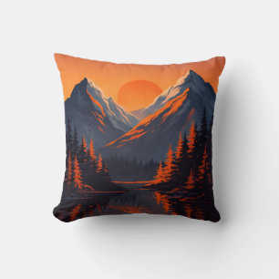 Mountain Sunset Reflection Fiery Orange Sky Cushion