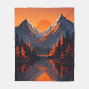 Mountain Sunset Reflection Fiery Orange Sky Fleece Blanket