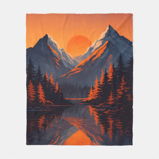 Mountain Sunset Reflection Fiery Orange Sky  Fleece Blanket (Front)