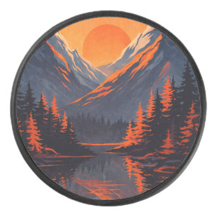 Mountain Sunset Reflection Fiery Orange Sky  Hockey Puck