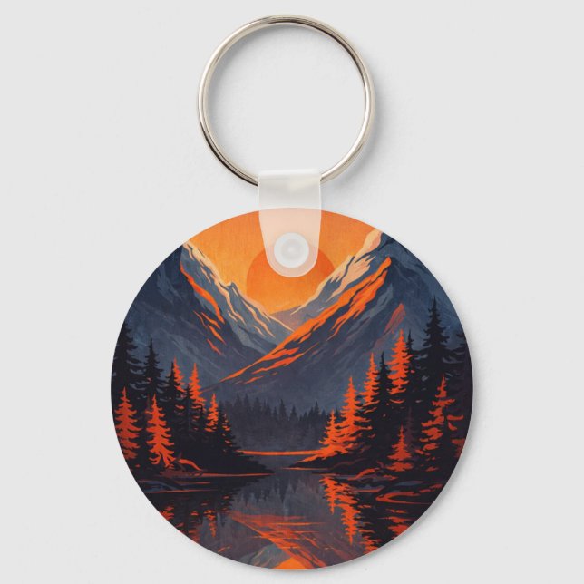Mountain Sunset Reflection Fiery Orange Sky  Key Ring (Front)