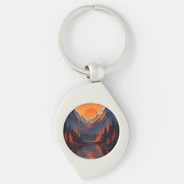 Mountain Sunset Reflection Fiery Orange Sky  Key Ring (Front)