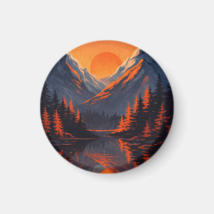 Mountain Sunset Reflection Fiery Orange Sky Magnet