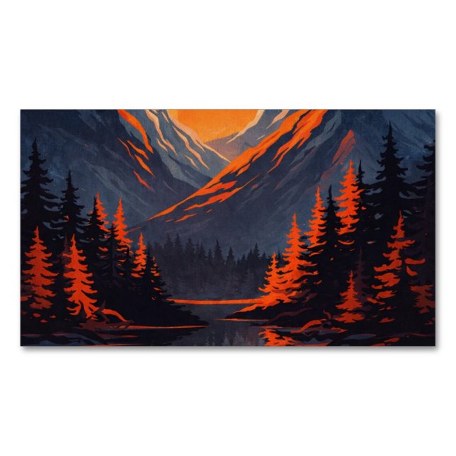 Mountain Sunset Reflection Fiery Orange Sky  Magnetic Business Card (Front)