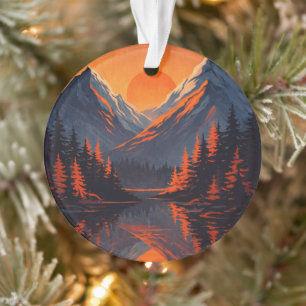 Mountain Sunset Reflection Fiery Orange Sky Ornament