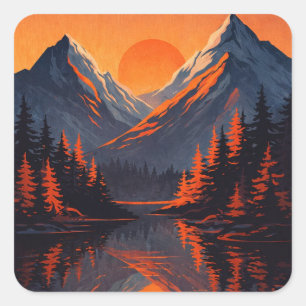 Mountain Sunset Reflection Fiery Orange Sky  Square Sticker