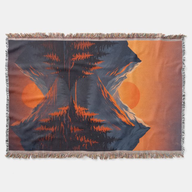Mountain Sunset Reflection Fiery Orange Sky  Throw Blanket (Front)
