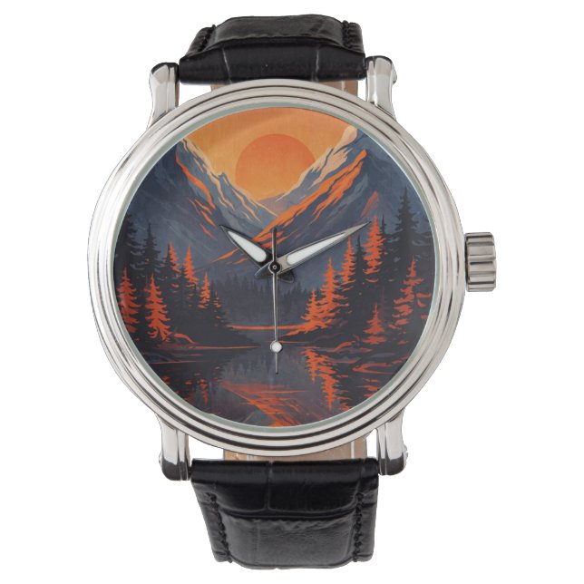Mountain Sunset Reflection Fiery Orange Sky  Watch (Front)