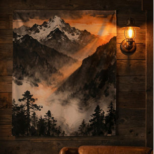 Mountain Sunset Tapestry Golden Light Ink Art