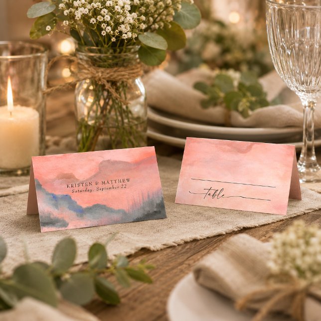 Mountain Sunset Watercolor Rustic Wedding Place Card (When it comes to wedding stationery decorate the table with this beautiful mountain table card.)