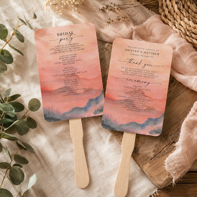 Mountain Sunset Watercolor Wedding Rustic  Hand Fan (Keep your guests cool & comfortable during your celebration with this beautiful mountain program fan)