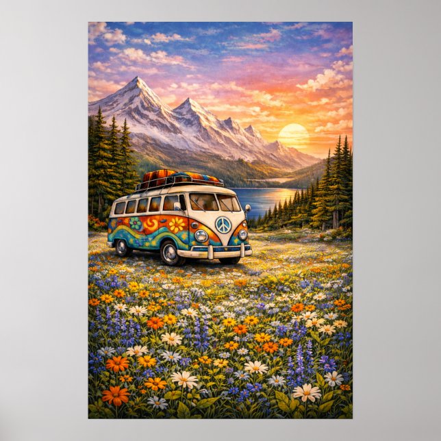 Mountain Sunset Wildflowers Retro Hippie Van Art Poster (Front)