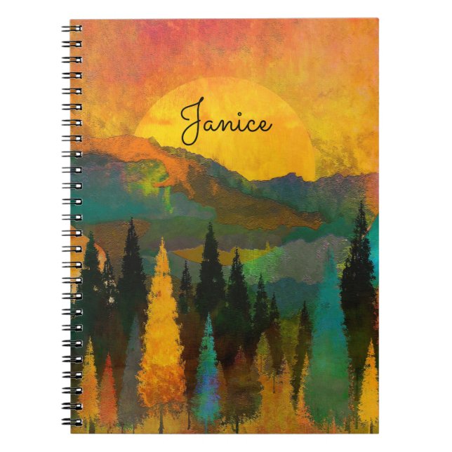 Mountain Sunshine Personalise Name Blue Green Gold Notebook (Front)