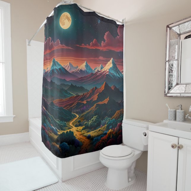 Mountain Top View Over Valley with Distant Moon  Shower Curtain (In Situ)
