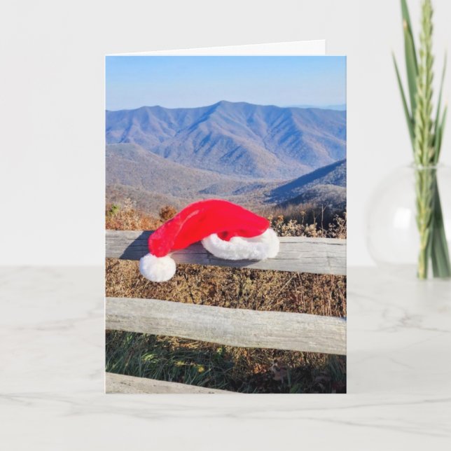 Mountain view with Santa Hat folded Christmas card (Front)