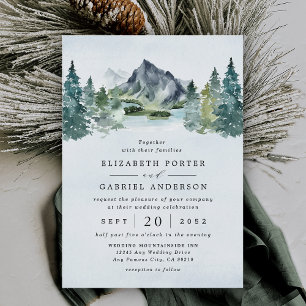 Mountain Watercolor Evergreen Rustic Tree Wedding Invitation