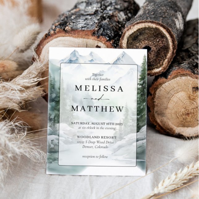 Mountain Watercolor Evergreen Rustic Tree Wedding  Invitation (Creator Uploaded)