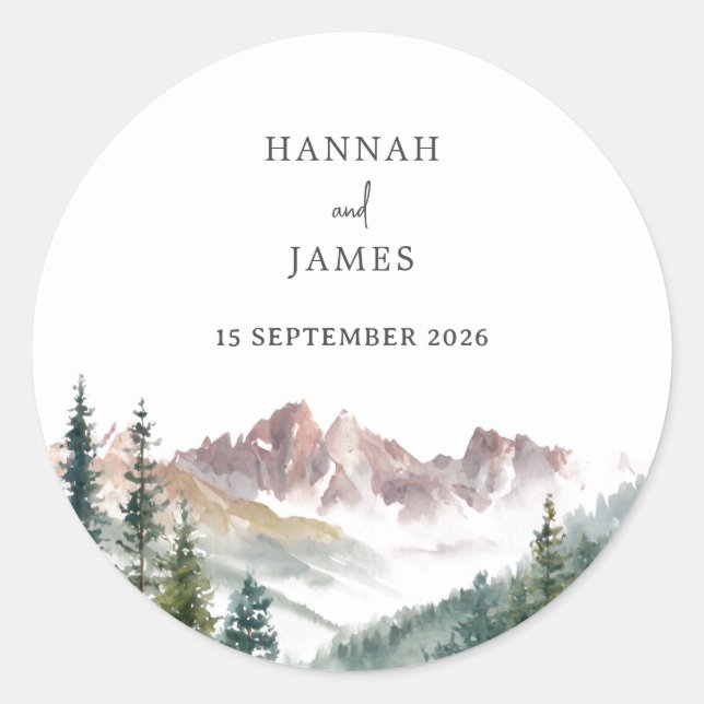 Mountain Watercolor Rustic Outdoor Wedding  Classic Round Sticker (Front)