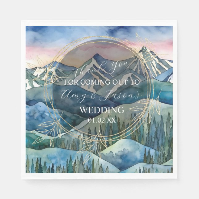 Mountain Watercolor Scenery Destination Wedding B Napkin (Front)