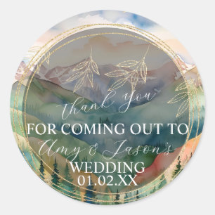 Mountain Watercolor Scenery Destination Wedding Classic Round Sticker